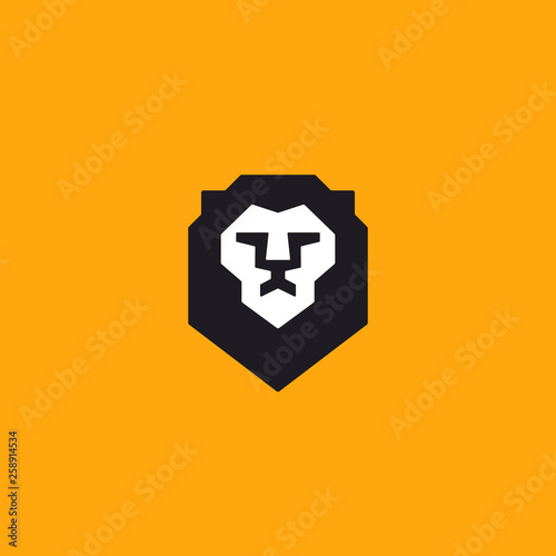Modern minimal lion head and shield vector logo. Classic heraldic lion face logo design. Premium luxury business symbol. Vector illustration.
