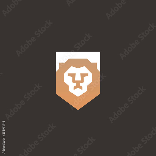 Modern minimal lion head and shield vector logo. Classic heraldic lion face logo design. Premium luxury business symbol. Vector illustration.