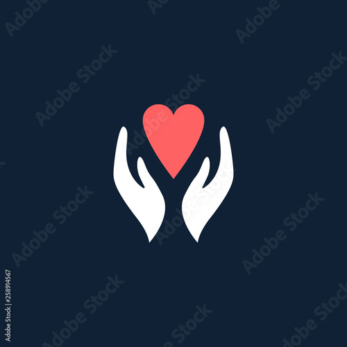 Hands with heart logo. Love, care, sharing, charity, medicine symbol. Valentines day logotype. Abstract medical health logo. Foundation logotype.