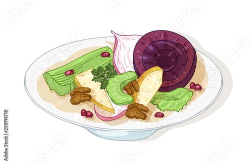Fresh tasty salad with vegetables and nuts on plate isolated on white background