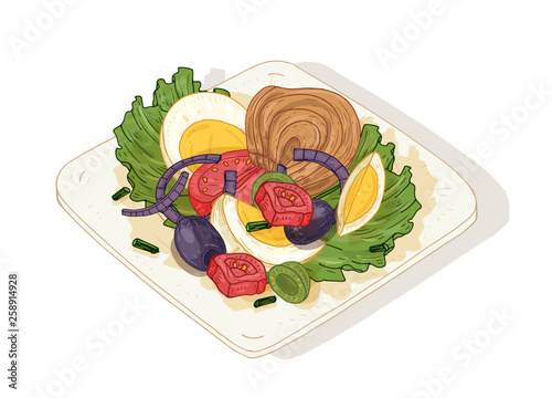 Delicious salad with vegetables and fish on plate isolated on white background