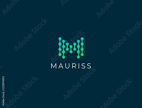 Abstract tech logo. Letter M logotype. Simple digital connection technology logo. Creative round flow shape modern icon for construction technology or logo template for digital communication concept.