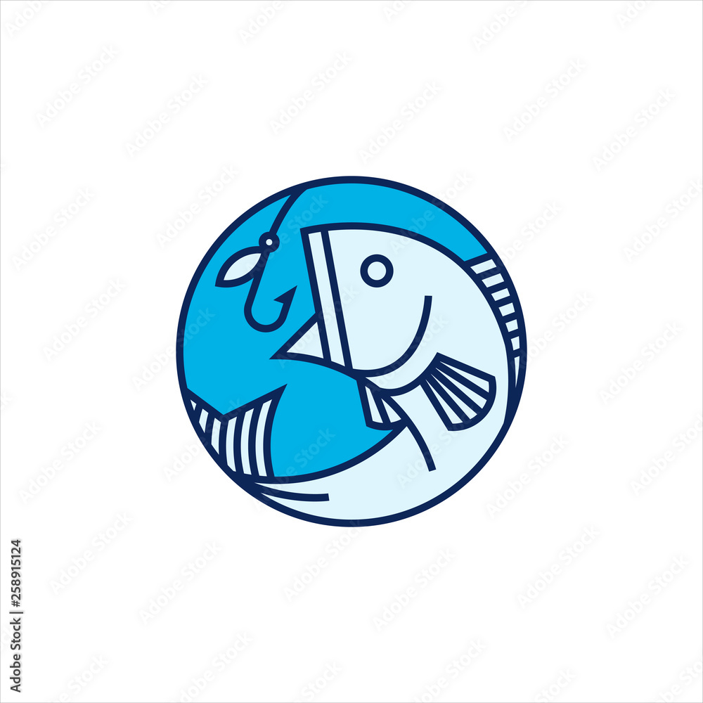 Modern linear fish and fishing hook icon. Fishing symbol. Seafood, shop, store, restaurant, fishing logotype. Modern linear fish and fishing hook icon. Fishing symbol. Seafood, shop, store, restaurant, fishing logotype.