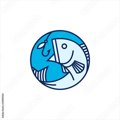 Modern linear fish and fishing hook icon. Fishing symbol. Seafood, shop, store, restaurant, fishing logotype.