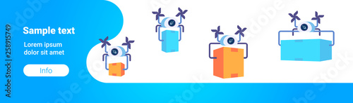 air drones carrying express packages automatic logistic management concept modern warehouse quadcopters flying with box horizontal flat copy space