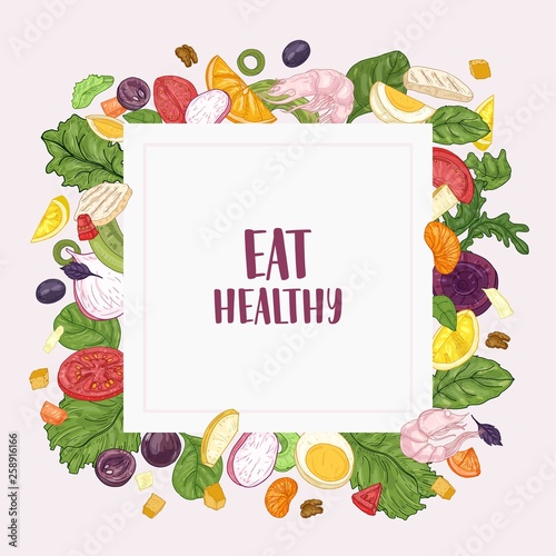 Square banner template with Eat Healthy slogan and frame made of chopped sala...