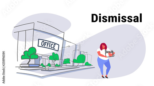 sadness overweight worker carrying box with things dismissal concept dismissed woman going away unemployment crisis office building cityscape sketch doodle full length horizontal