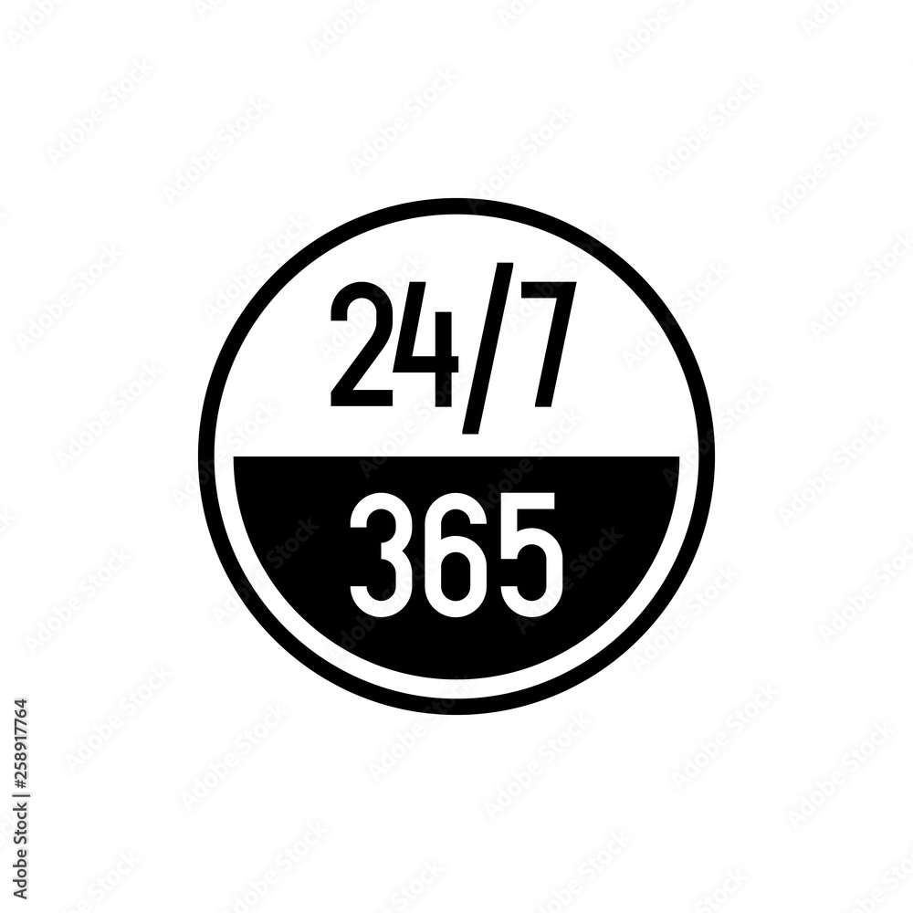 24 7 hours and 365 days icon. Any time working service or support symbol.