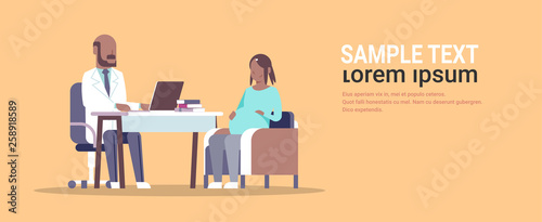 pregnant african american woman visiting male doctor gynecologist conducting pregnancy gynecology consultation concept cartoon characters full length horizontal copy space