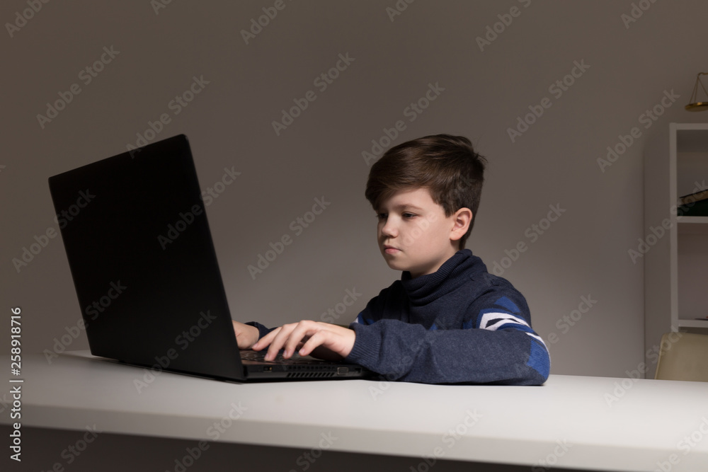 Photo of nice boy in sweater sitting infront of the computer doing homework Photo of nice boy in sweater sitting infront of the computer doing homework