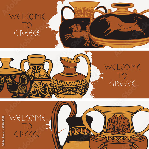 Set of three vector travel banners on the theme of Ancient Greece with Greek antique amphorae and inscriptions Welcome to Greece in black and orange colors.