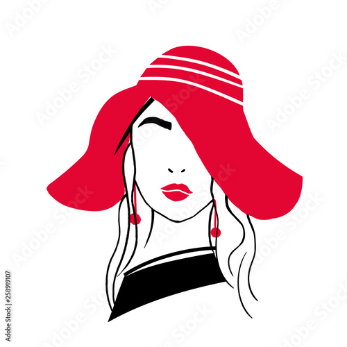 Simple outline portrait of beautiful stylish young lady. Sketch drawing of fa...