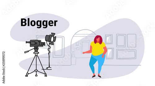 fat obese woman blogger recording video on camera overweight female guide standing art gallery museum interior online excursion social media blog concept sketch doodle horizontal