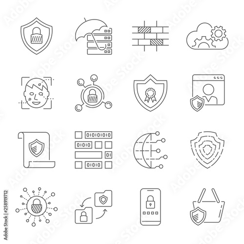 Computer networking, internet technology, digital protection, web, data, global communication. Editable Stroke. EPS 10