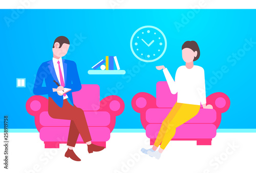 businessman taking notes asking questions and listening to candidate woman answers sitting in armchair job interview concept modern office interior horizontal full length flat