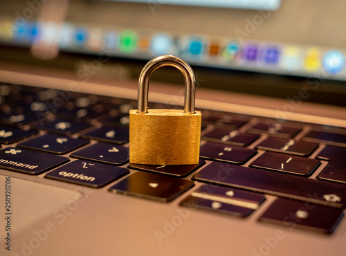 Padlock locked on laptop keyboard symbolising website / online / cyber security. 