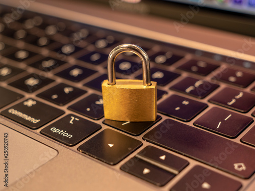 Padlock locked on laptop keyboard symbolising website / online / cyber security. 