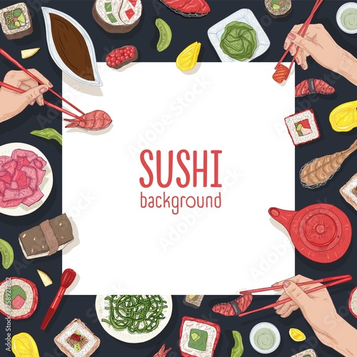 Square backdrop with frame made of Japanese food and hands holding sushi, sas...