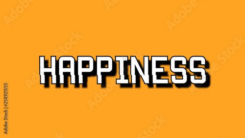 A glitchy distorted screen with the word Happiness. Big white font, pale orange background. photo