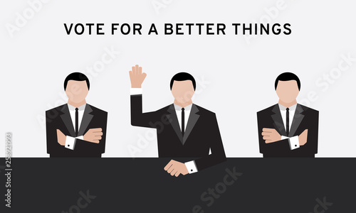 Three business man in suit hand up over head and cross arm for election and hand vote in conference room or meeting room to make decision and achieve about dealing commitment and agreement resolution