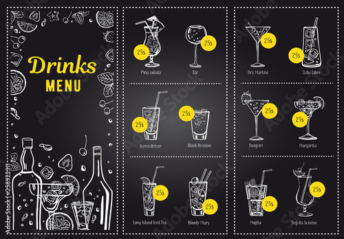 Cocktail menu design template and drink list. Vector outline hand drawn illustration with bottles and glasses on blackboard background