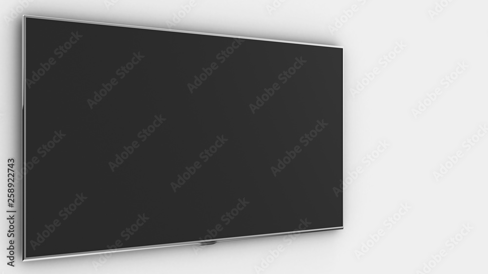 TV on white wall. Screen on White wall. 3D rendering TV on white wall. Screen on White wall. 3D rendering