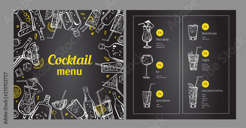 Cocktail menu design template and drink list. Vector outline hand drawn illustration with bottles and glasses on blackboard background