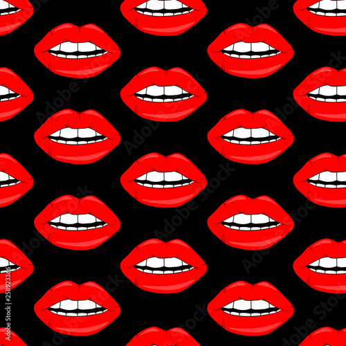 Cosmetics and makeup lips seamless pattern. beautiful lips of woman with red lipstick and gloss. Sexy vector lip backgrounds. cartoon style