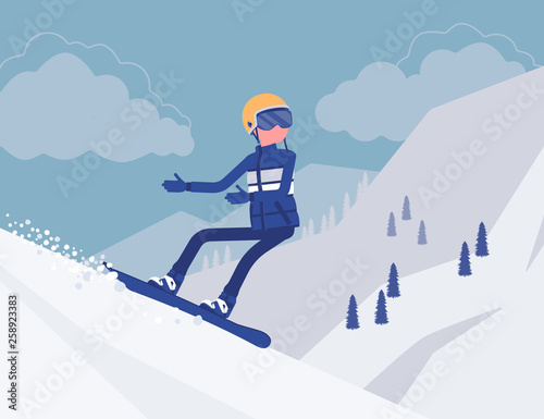 Active sporty man riding on snowboard, enjoy winter outdoor fun on ski resort with beautiful snowy nature and mountain view, wintertime tourism and recreation. Vector illustration, faceless characters