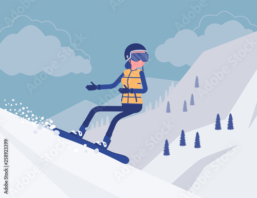 Active sporty woman riding on snowboard, enjoys winter outdoor fun on ski resort with beautiful snowy nature, mountain view, wintertime tourism and recreation. Vector illustration, faceless characters