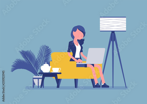 Female employee working from home. Happy freelance worker, self-employed in comfortable remote location workspace, homeworking, career in telecommuting jobs. Vector illustration, faceless characters