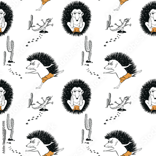 Vector Seamless pattern with cartoon hedgehog does yoga against a desert background with cacti and lizards. Healthy lifestyle concept. Use for postcards, print for t-shirts, posters, textile.