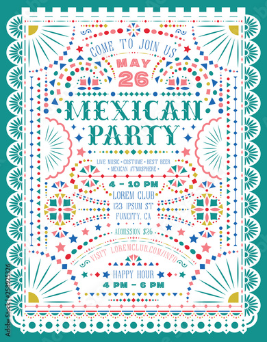 Mexican party announce poster template with paper cut elements.
