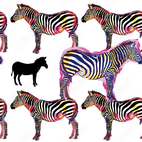 Seamless pattern with zebras. Multicolored horses  striped zebra. Pop Art. Stylish colorful background. Summer print. Figured markers.