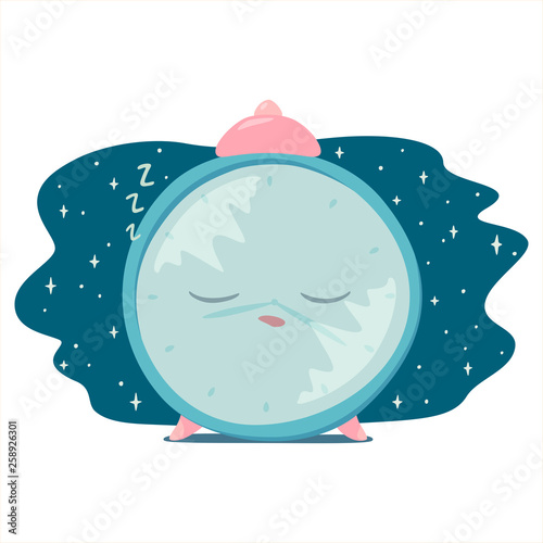 Vector illustration of sleeping alarm clock with starry sky behind. Isolated on white background.
