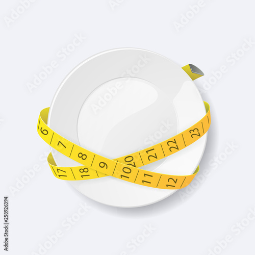 Clean plate with measuring tape as diet concept.