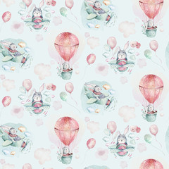 Crédence de cuisine Lapin patrons Hand drawing fly cute easter pilot bunny watercolor cartoon bunnies with airplane and balloon in the sky textile pattern. Turquoise watercolour textile illustration decoration  © kris_art