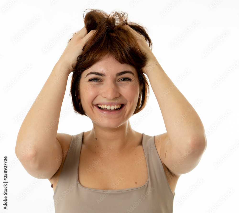 Portrait of young attractive cheerful woman with smiling happy face. Human expressions and emotions Portrait of young attractive cheerful woman with smiling happy face. Human expressions and emotions