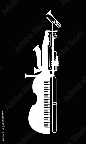 Jazz Instruments Merged Piano vector illustration trumpet trombone clarinet black