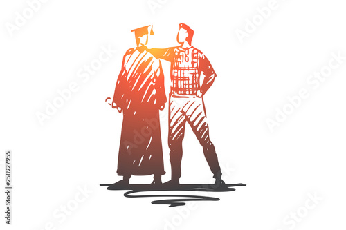 Father, son, student, university, graduation concept. Hand drawn isolated vector.
