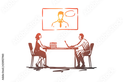 Online, meeting, office, conference, business concept. Hand drawn isolated vector.
