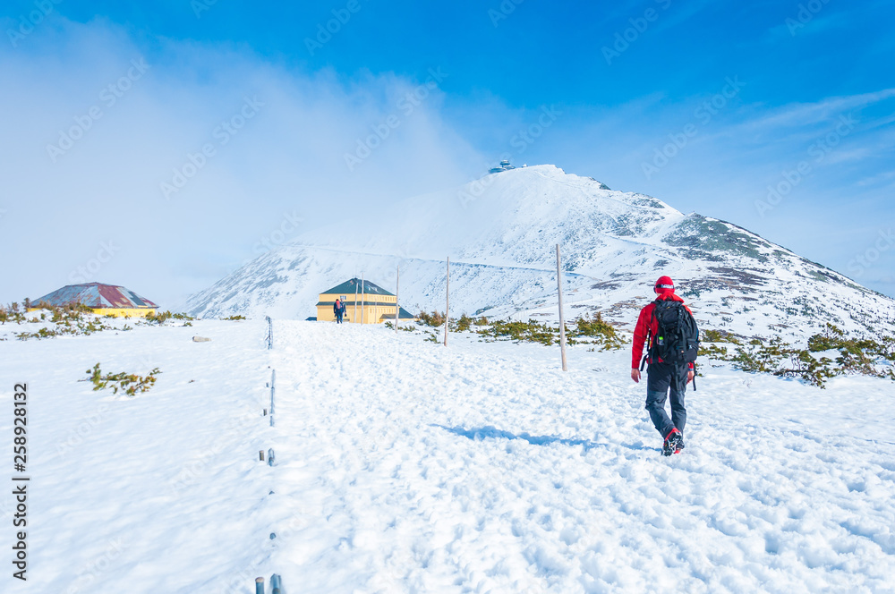 Winter trail - tourist on the trail, Karkonosze, krkonose, Mount Snezka