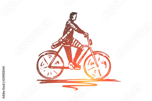 Student, bicycle, man, cycling concept. Hand drawn isolated vector.