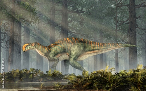 An Altirhinus in a dense forest.  Altirhinus (high snout) was a type of iguanodon dinosaur of the early Cretaceous period in Mongolia. 3D Rendering © Daniel Eskridge