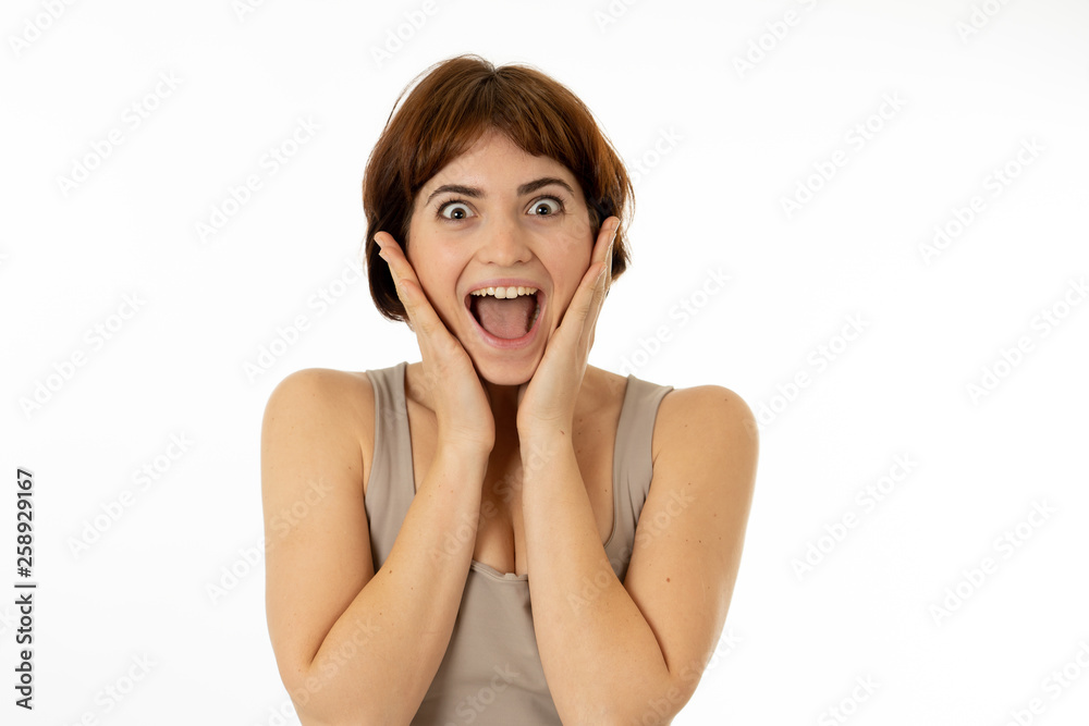 Close up portrait of surprised and happy woman celebrating victory and good news Close up portrait of surprised and happy woman celebrating victory and good news