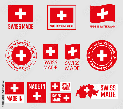 Swiss made icon set, made in Switzerland product labels