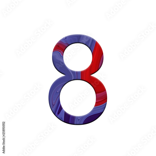 Number 8 illustration on isolated background. Watercolor liquid wave alphabet symbol. Design element.