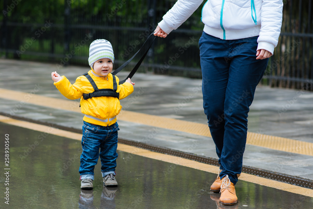 Obraz premium Mom insures her child during a walk