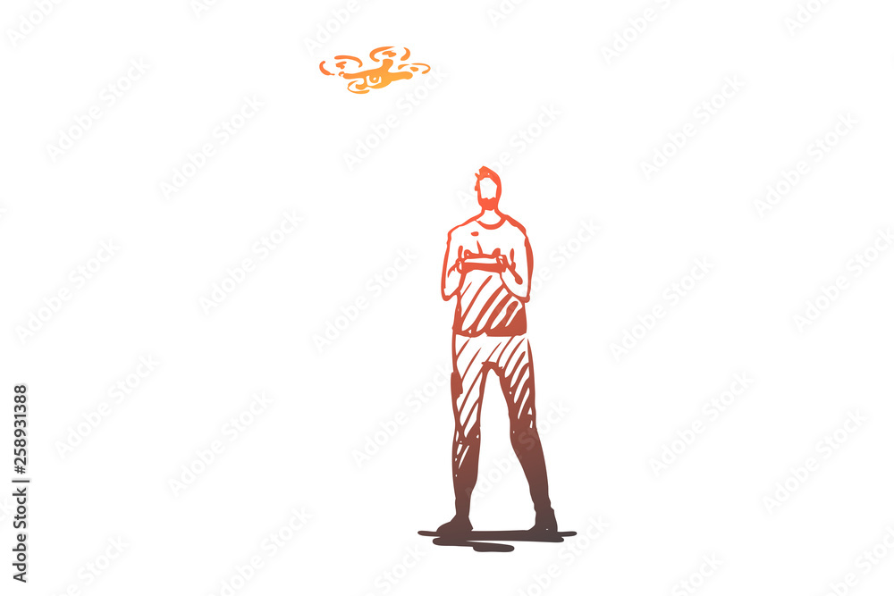 Teenager, boy, drone, device, technology concept. Hand drawn isolated vector.