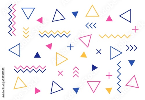 Memphis color abstract geometric shapes patterns. Simple geometric elements of triangle, squiggle in hipster fashion memphis style